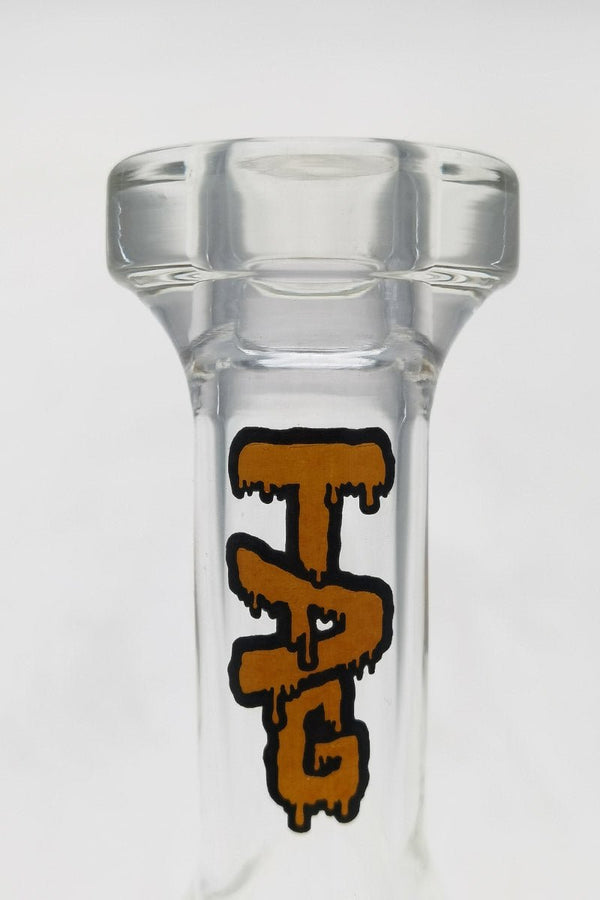 TAG - 6" Bent Neck Fixed Stem Beaker (14MM Female) - Wavy Orange Label - Clear .02 (QZ-072T-2431LE.04)